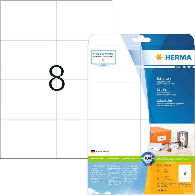 Herma Self Adhesive Shipping Labels, 80 Labels, 105 x 74 mm, White, 10 Sheets - Image 1