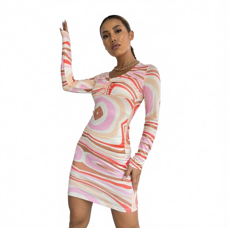 Fashion Print V-Neck Long Sleeve Short Dress