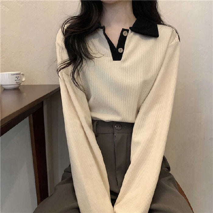 2022 Fall Slim Fit Long Sleeve Polo T-Shirt for Women Apricot - Image 1