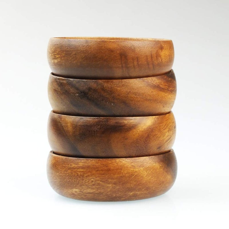 BSRN Acacia Handmade Wood Carved Plates - Set of 4 Calabash Bowls Size 4"" (Round) - Image 3