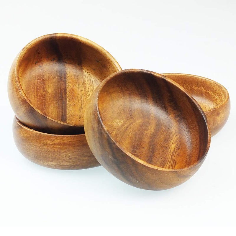 BSRN Acacia Handmade Wood Carved Plates - Set of 4 Calabash Bowls Size 4"" (Round) - Image 4