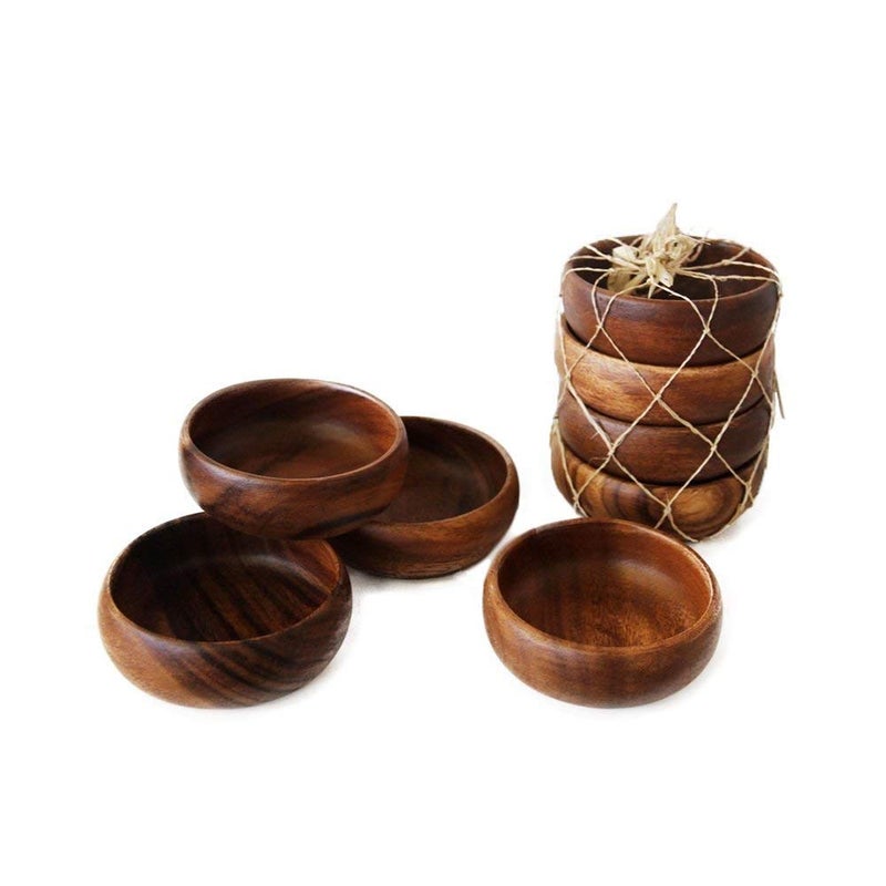 BSRN Acacia Handmade Wood Carved Plates - Set of 4 Calabash Bowls Size 4"" (Round) - Image 1