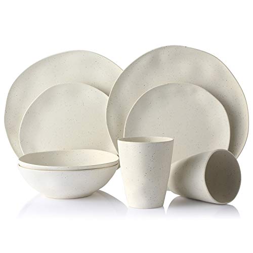 Morgiana Bamboo Dinnerware Set, 8-Pieces Reusable Tableware Set Eco-Friendly Bamboo Fiber Plates, Cups, Bowls for 2 Person (White) - Image 1