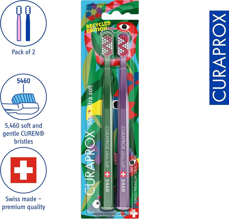CURAPROX CS 5460 Duo - Recycled Edition 2024 / Ultra Soft for Sensitive Gums and Teeth | Pack of 2 | Green/Purple/Made in Switzerland - Image 2