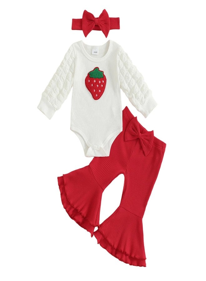 Amnnchya Newborn Baby Girl Clothes Strawberry Ribbed Romper Tops Bow Bell Bottoms Pants Fall Winter Coming Home Outfit Set (Red, 12-18 Months) - Image 1