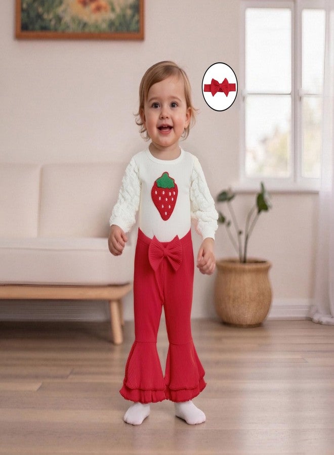 Amnnchya Newborn Baby Girl Clothes Strawberry Ribbed Romper Tops Bow Bell Bottoms Pants Fall Winter Coming Home Outfit Set (Red, 12-18 Months) - Image 3