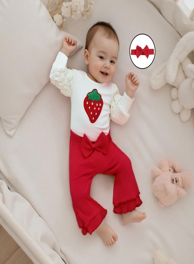 Amnnchya Newborn Baby Girl Clothes Strawberry Ribbed Romper Tops Bow Bell Bottoms Pants Fall Winter Coming Home Outfit Set (Red, 12-18 Months) - Image 2