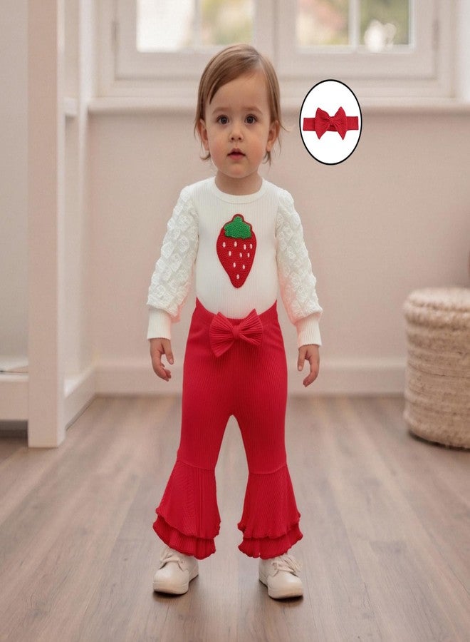 Amnnchya Newborn Baby Girl Clothes Strawberry Ribbed Romper Tops Bow Bell Bottoms Pants Fall Winter Coming Home Outfit Set (Red, 12-18 Months) - Image 4
