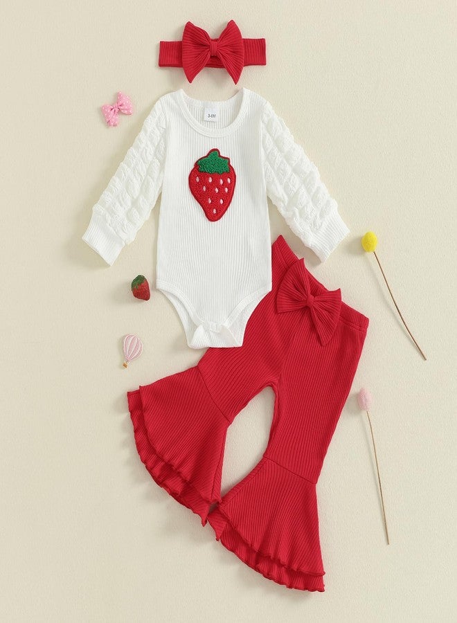 Amnnchya Newborn Baby Girl Clothes Strawberry Ribbed Romper Tops Bow Bell Bottoms Pants Fall Winter Coming Home Outfit Set (Red, 12-18 Months) - Image 5
