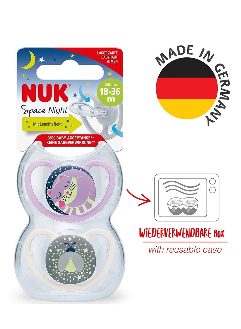 NUK Space Orthodontic Silicone Soother (Night Glow In The Dark) BPA-Free Cat and Ladybug Pack Of 2 - Image 1