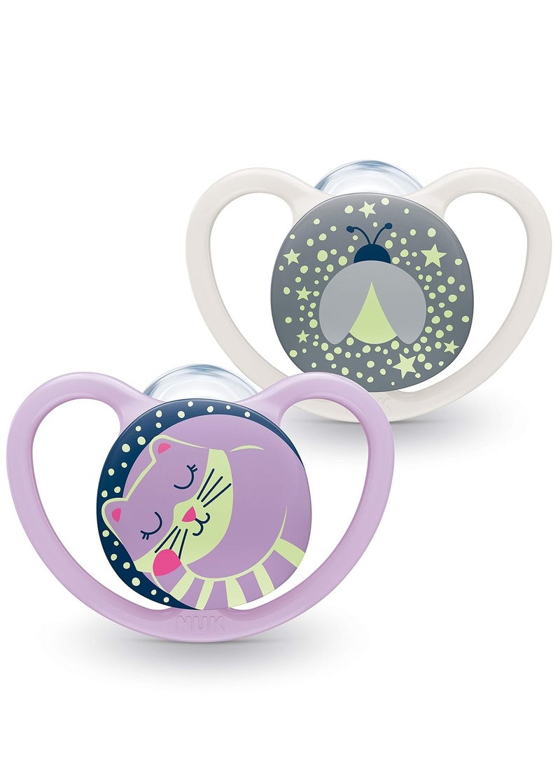 NUK Space Orthodontic Silicone Soother (Night Glow In The Dark) BPA-Free Cat and Ladybug Pack Of 2 - Image 2