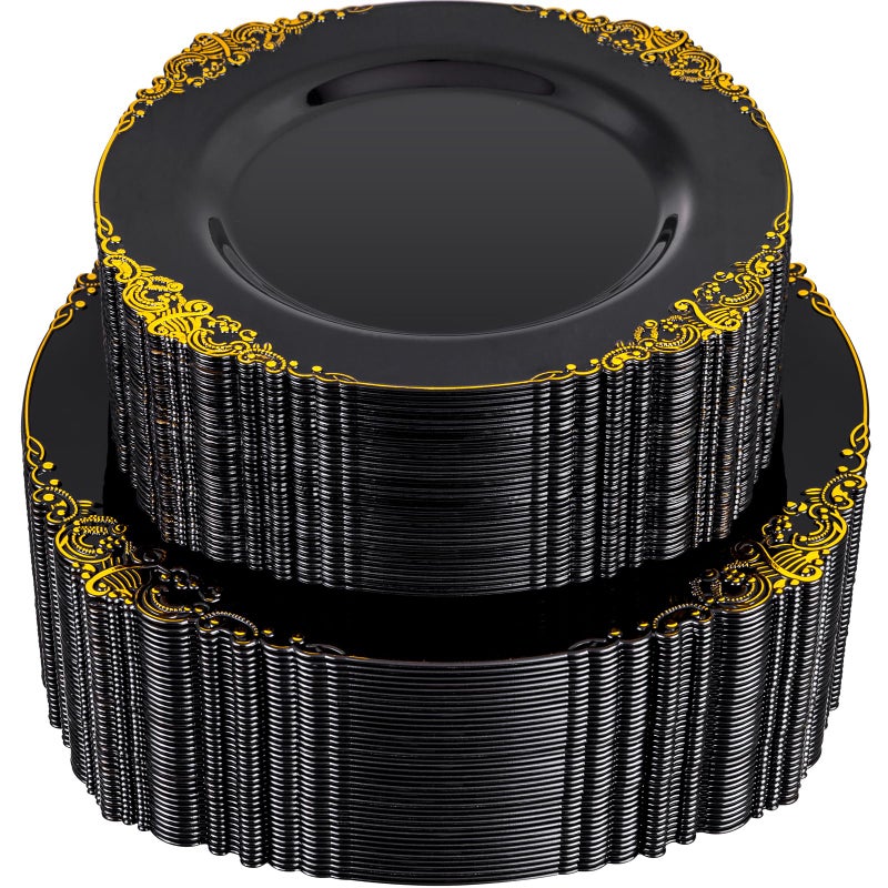 Joyido 102PCS Black and Gold Plastic Plates Black Disposable Plates Heavyweight Disposable Plate with Gold Rim Fancy Dinner Dessert Plate for 51 Guests Weddings Party