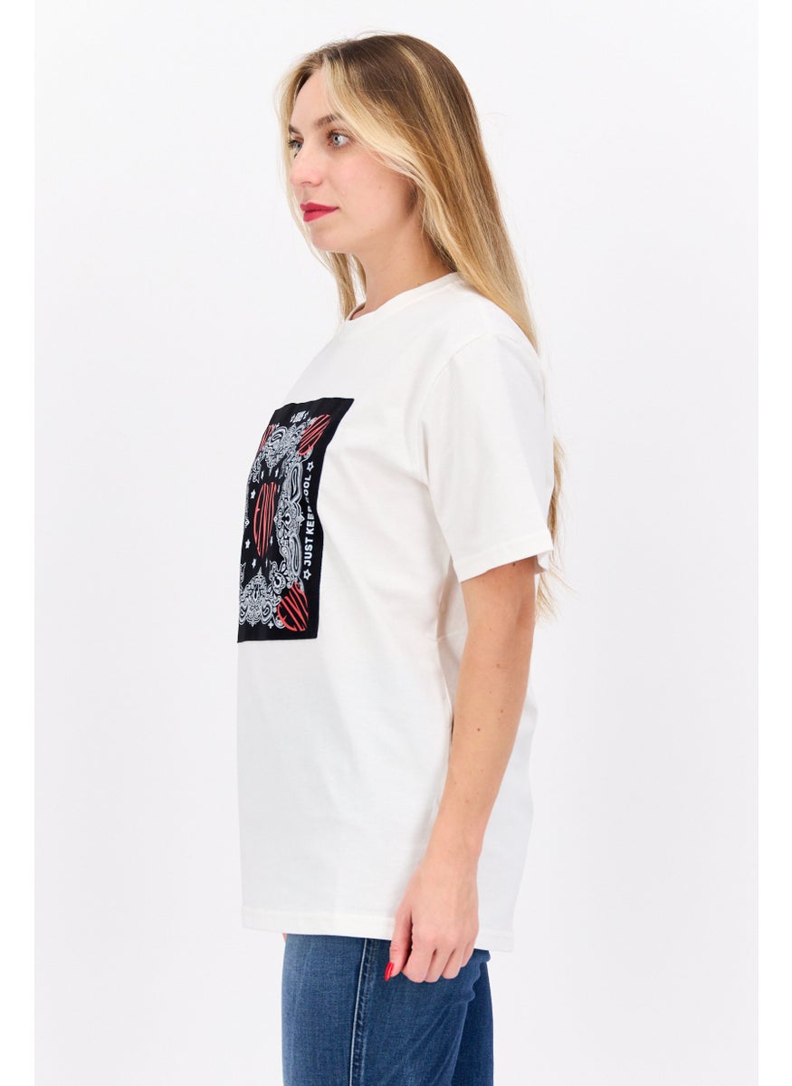 ELVIS Women Crew Neck Short Sleeves Graphic Printed T-Shirt, Off White  - Image 2