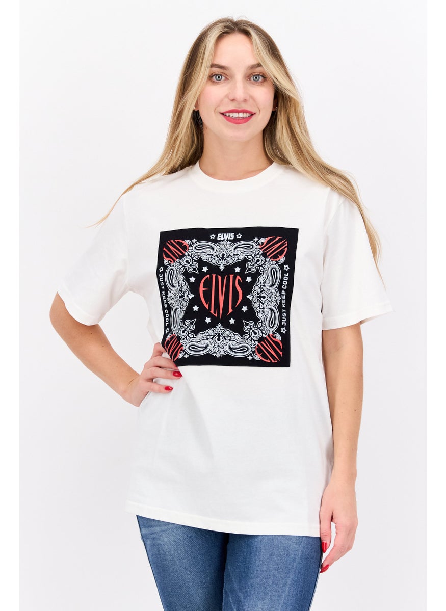 ELVIS Women Crew Neck Short Sleeves Graphic Printed T-Shirt, Off White  - Image 1