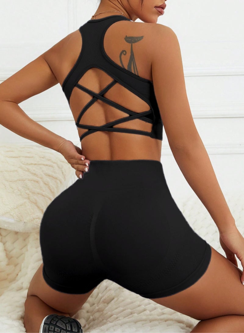 Meilun Black Crisscross Back Sports Bra and High - Waisted Shorts Set - Image 2