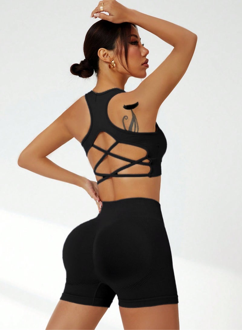 Meilun Black Crisscross Back Sports Bra and High - Waisted Shorts Set - Image 4