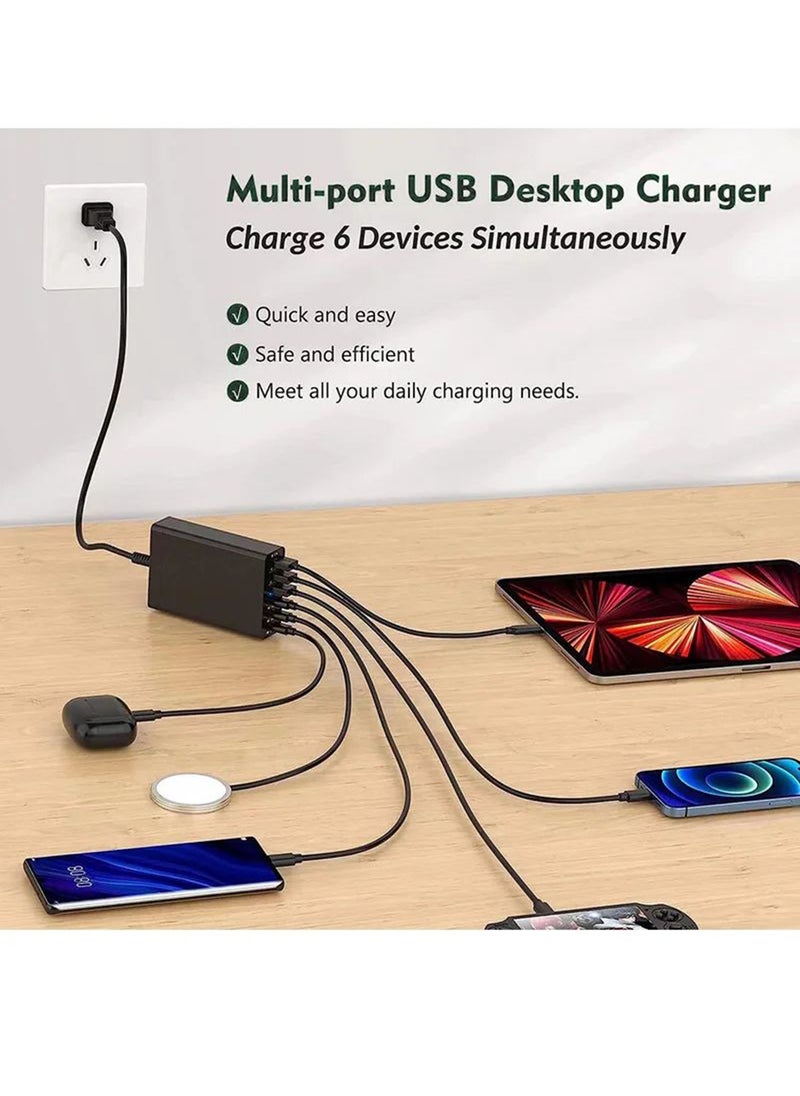 USB C Charging Station GaN Compact 6 Port USB C Charging Station, Portable USB C Wall Charger Adapter 3 PD USB C and 1 QC 2 USB A Port Suitable for All iPad iPhone 14 13 12 11 Pro Max Galaxy