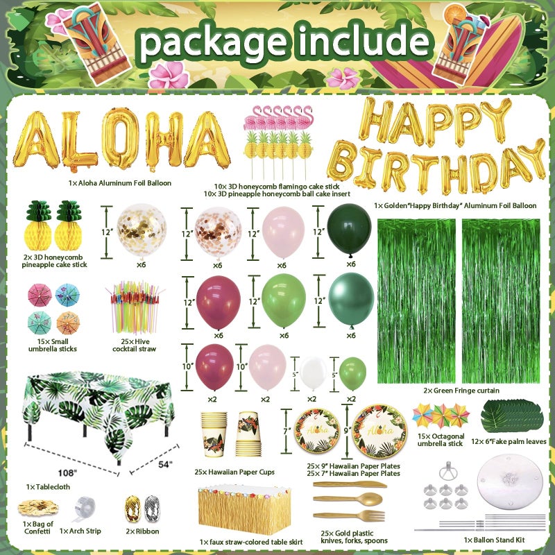 UJOYANT 323 Luau Party Decorations, Hawaiian Party Decorations Kit For Adults - "ALOHA"&"HAPPY BIRTHDAY" Banner, Balloons, Cake Topper, Straws, Table Skirt, Dinnerware Set For 25 Guests - Image 2