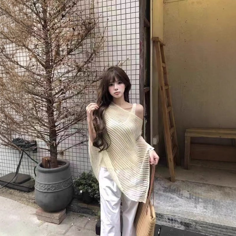 Korean Dongdaemun Lazy Style Cut Out Knitwear French Fashion Elegant Loose Casual Slightly See-Through Cape Top - Image 2