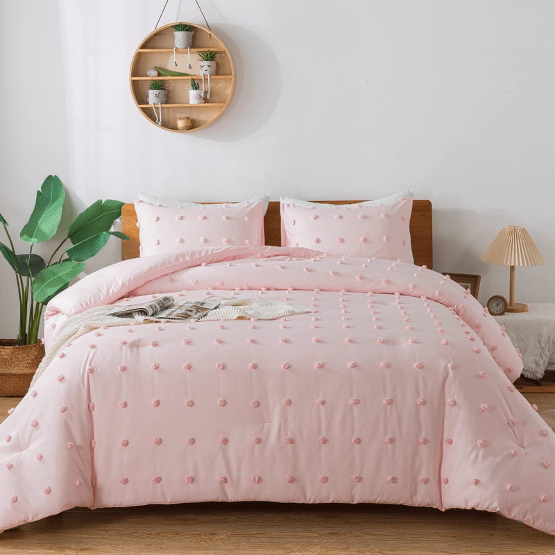 Paxrac Paxrac Tufted Pink Queen Comforter Set 90x90 inches 3 Pieces Soft Cotton Blush Lightweight Comforter with 2 Pillowcases Chenille Dots All Season Down Alternative Comforter Set for Bedding 