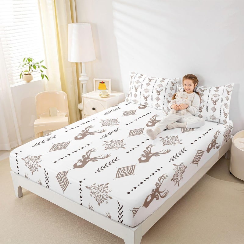 Erosebridal Rustic Deer Sheet Set Southwestern Aztec Western Twin Sheets Set for Kids Boys | Light Brown Damask Bohemian Gothic Fitted Sheet,Goth Vintage Floral Antique Decor - Image 5