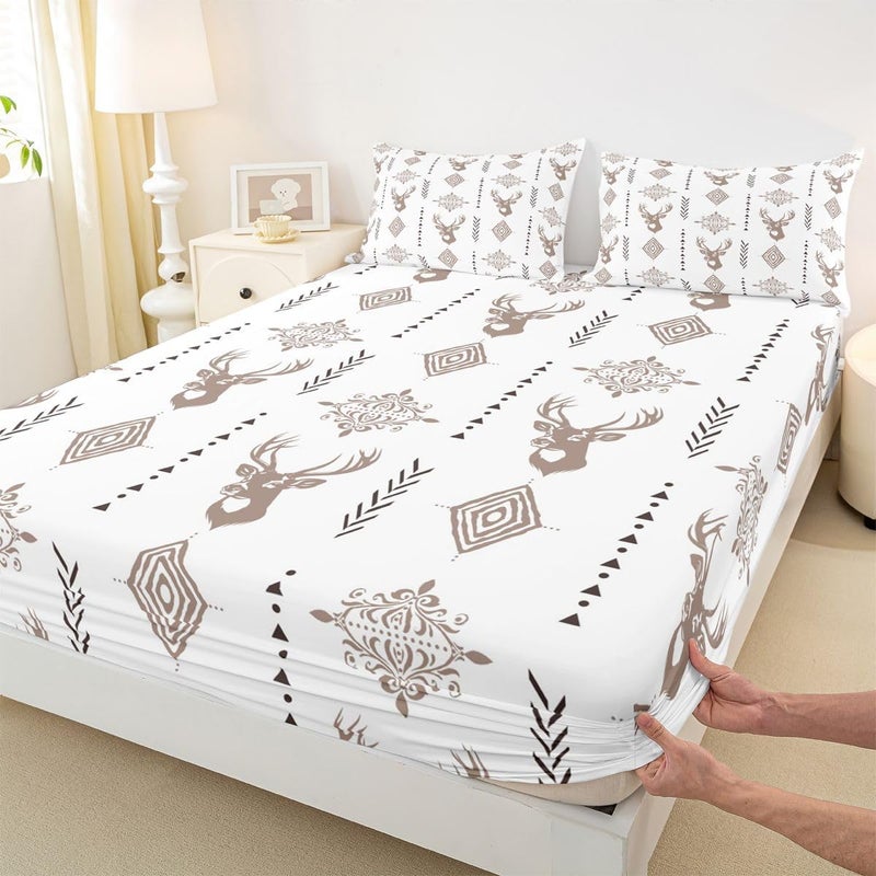 Erosebridal Rustic Deer Sheet Set Southwestern Aztec Western Twin Sheets Set for Kids Boys | Light Brown Damask Bohemian Gothic Fitted Sheet,Goth Vintage Floral Antique Decor - Image 3