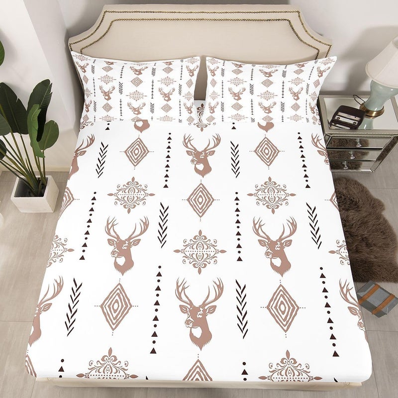 Erosebridal Rustic Deer Sheet Set Southwestern Aztec Western Twin Sheets Set for Kids Boys | Light Brown Damask Bohemian Gothic Fitted Sheet,Goth Vintage Floral Antique Decor - Image 2