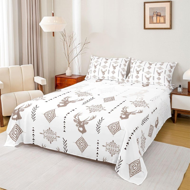 Erosebridal Rustic Deer Sheet Set Southwestern Aztec Western Twin Sheets Set for Kids Boys | Light Brown Damask Bohemian Gothic Fitted Sheet,Goth Vintage Floral Antique Decor - Image 1
