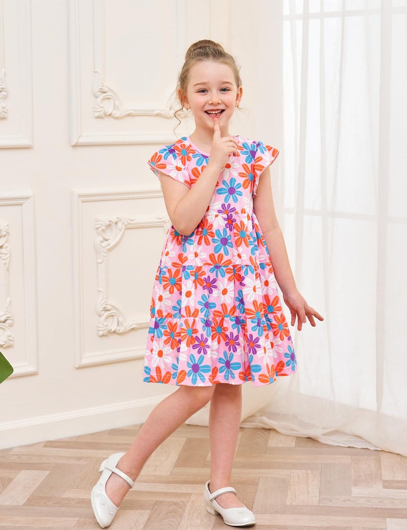 Bumeex Girl Dress Kids Summer Spring Skater Midi Cotton Casual Ruffle Swing Twirly Clothes Jersey Dresses Sundress with Pockets Flower Size 8-9 Years - Image 5
