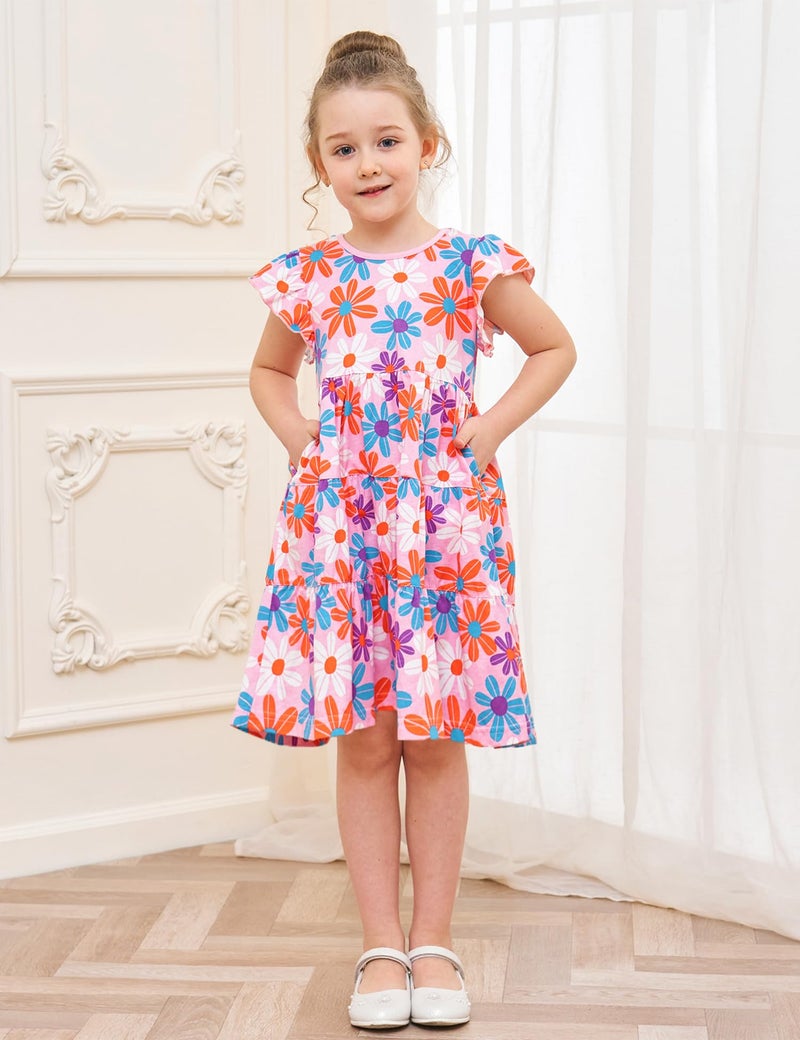 Bumeex Girl Dress Kids Summer Spring Skater Midi Cotton Casual Ruffle Swing Twirly Clothes Jersey Dresses Sundress with Pockets Flower Size 8-9 Years - Image 2