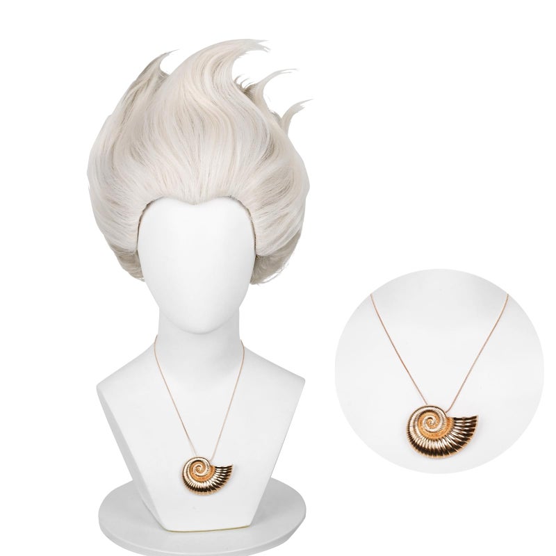 Probeauty Short Grey White Wig for Women Silver Layered Sea Witch Cosplay Wigs with Shell Necklace for Halloween Costume Party Wig Cap
