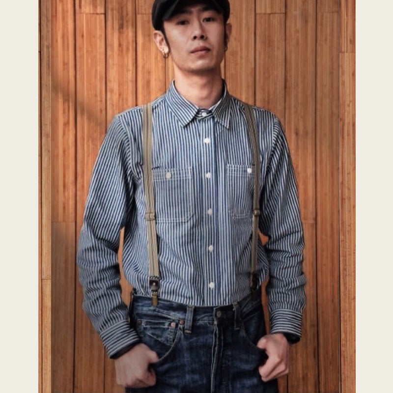 Heavy American Style Short-Sleeved Ameli Khaki Shirt Railway Vertical Stripe Work Shirt Men'S Loose Casual Long-Sleeved Shirt - Image 3