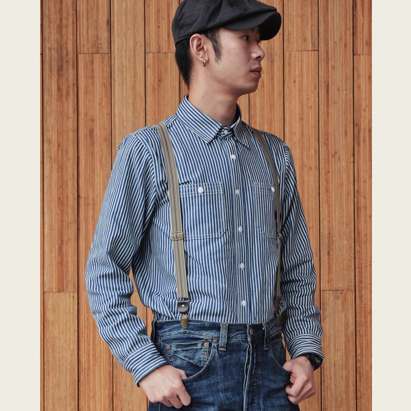 Heavy American Style Short-Sleeved Ameli Khaki Shirt Railway Vertical Stripe Work Shirt Men'S Loose Casual Long-Sleeved Shirt - Image 4