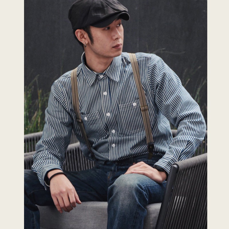Heavy American Style Short-Sleeved Ameli Khaki Shirt Railway Vertical Stripe Work Shirt Men'S Loose Casual Long-Sleeved Shirt - Image 2