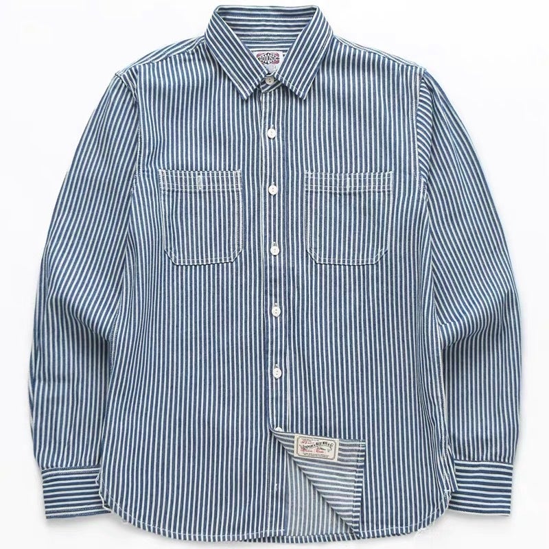 Heavy American Style Short-Sleeved Ameli Khaki Shirt Railway Vertical Stripe Work Shirt Men'S Loose Casual Long-Sleeved Shirt - Image 1
