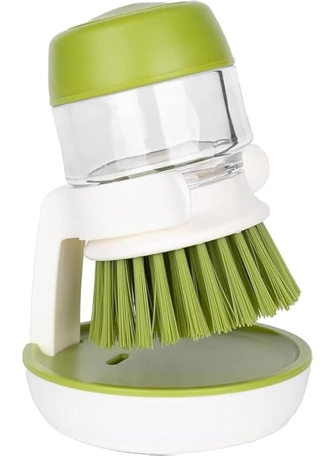 PROMASS Soap Dispensing Palm Scrub Brush with Drip Tray, Washing Brush for Dishes Pots Pans Sink Cleaning, Easy to Grip Household Cleaning Brushes, Kitchen Scrubber Storage Stand Set (Green) - Image 1