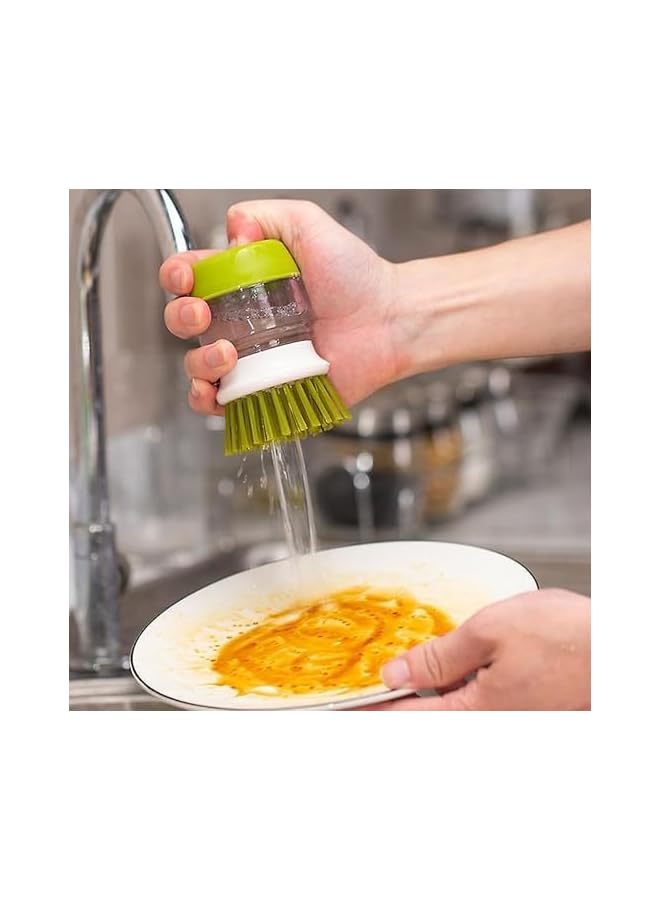 PROMASS Soap Dispensing Palm Scrub Brush with Drip Tray, Washing Brush for Dishes Pots Pans Sink Cleaning, Easy to Grip Household Cleaning Brushes, Kitchen Scrubber Storage Stand Set (Green) - Image 2