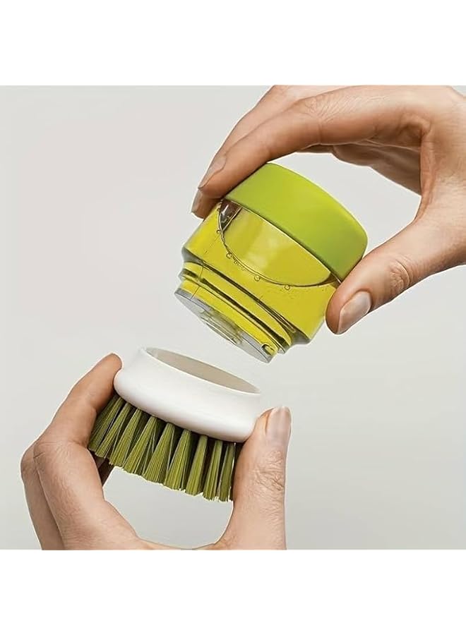PROMASS Soap Dispensing Palm Scrub Brush with Drip Tray, Washing Brush for Dishes Pots Pans Sink Cleaning, Easy to Grip Household Cleaning Brushes, Kitchen Scrubber Storage Stand Set (Green) - Image 3