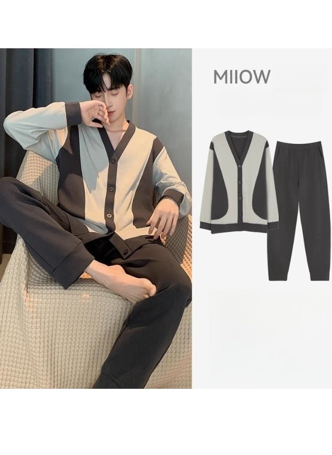MIIOW - Men's Pure Cotton V-Neck Long Sleeved Plus Size Home Suit Set - Image 1