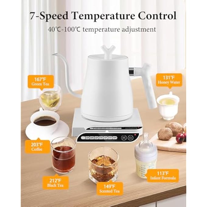 DOOKOO Electric Gooseneck KettleStainless Steel Electric Water Kettle  Coffee Kettle With Temperature Indicate1000W Quick Heating Constant Temperature Auto Shut Off Touch Screen Panel White - Image 5