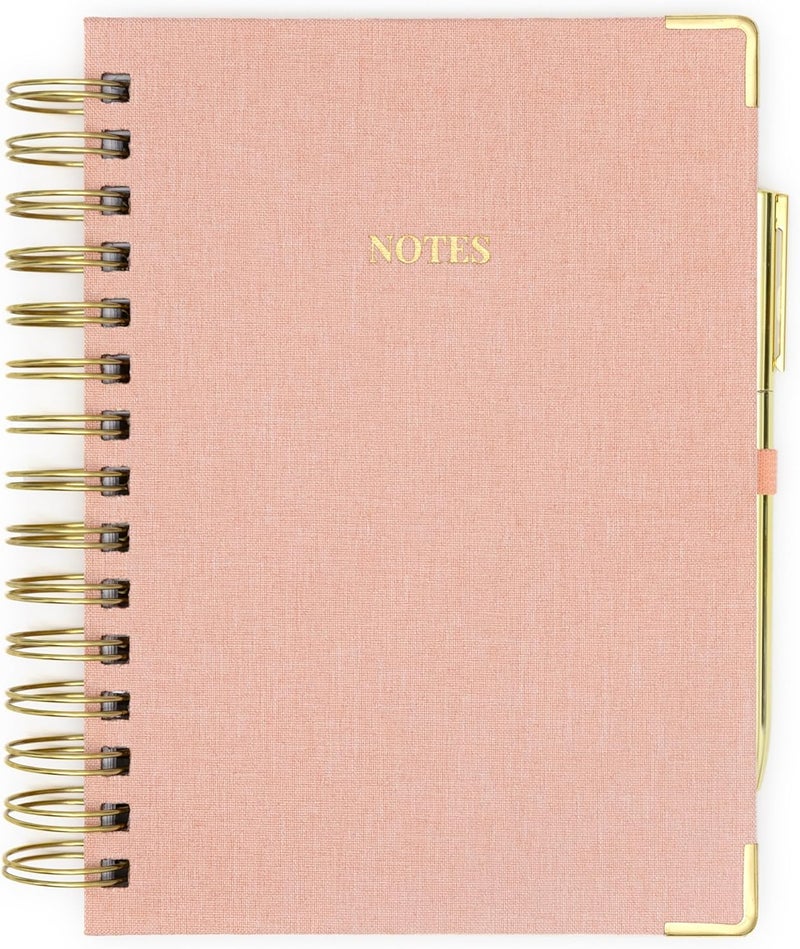 ELYN Lined Spiral Journal, Linen Hardcover Notebook with Matching Gold Gel Pen, 252 Pages, 8.2 in x 6.75 in - 100 GSM Premium Paper, Spiral Notebook for Home, Office, Notes & Gifts, (Pink) - Image 1