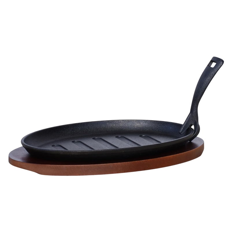 Buckingham PreSeasoned Cast Iron Serving Dish Steak Platter Fajita Sizzler with Wooden Stand 28 cm