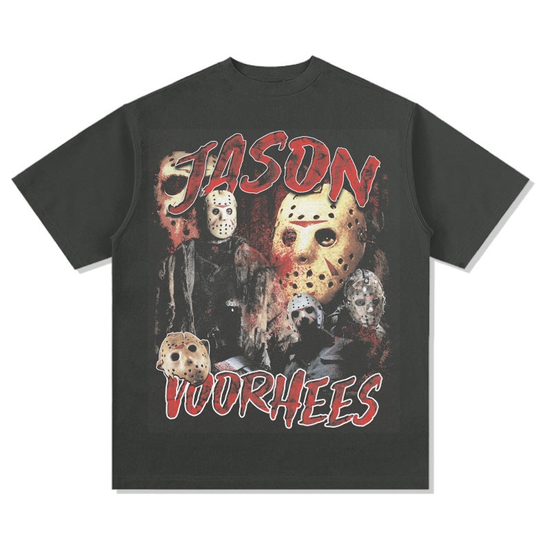 Vintage Vintage Jason Voorhees Printed Short-sleeved T-shirt Washed Heavy Cotton Trendy Small Collar - Image 4