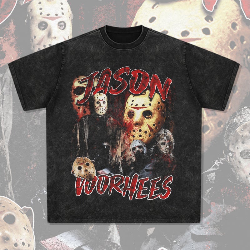 Vintage Vintage Jason Voorhees Printed Short-sleeved T-shirt Washed Heavy Cotton Trendy Small Collar - Image 2