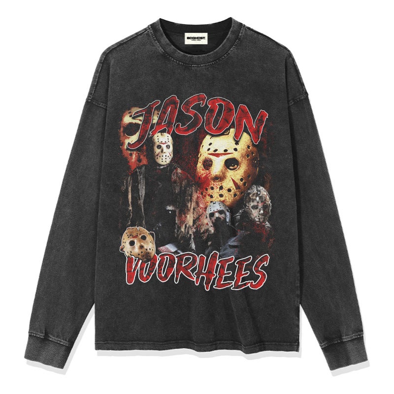 Vintage Vintage Jason Voorhees Printed Short-sleeved T-shirt Washed Heavy Cotton Trendy Small Collar - Image 5