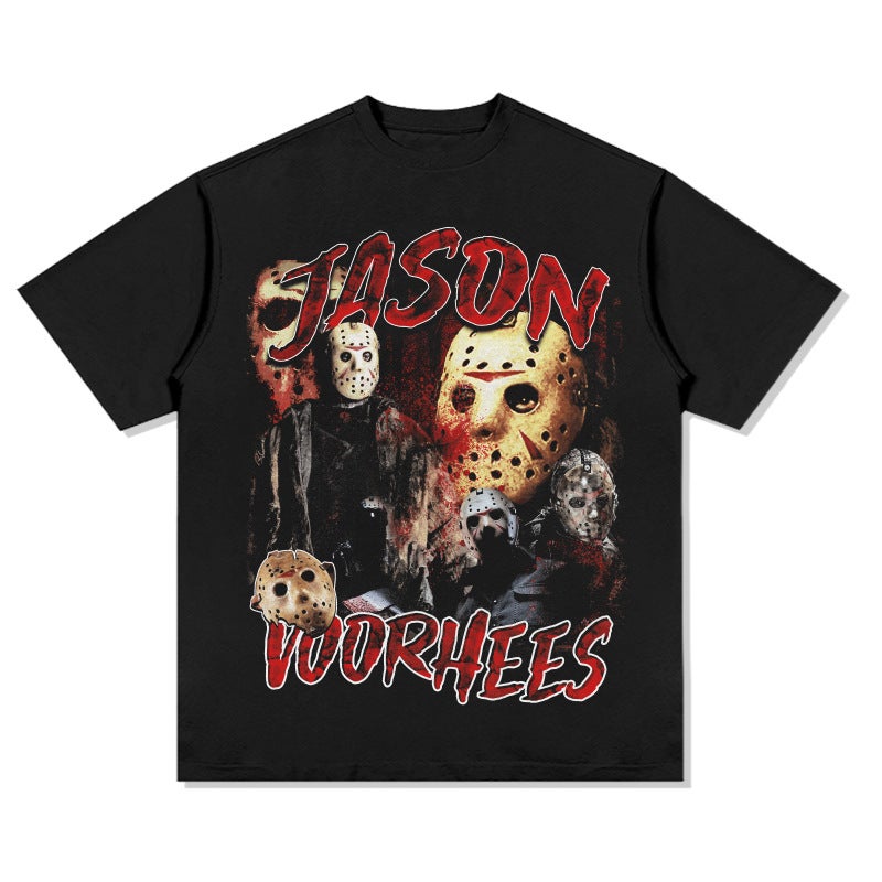 Vintage Vintage Jason Voorhees Printed Short-sleeved T-shirt Washed Heavy Cotton Trendy Small Collar - Image 1