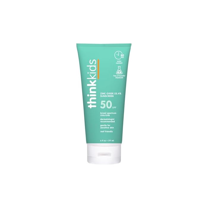 Thinkkids SPF 50+ Mineral Sunscreen, 6 Fl Oz – Safe, Natural Baby Mineral Sunscreen for Children - Water Resistant Sun Cream – Broad Spectrum UVA/UVB Sun Protection – Reef Safe