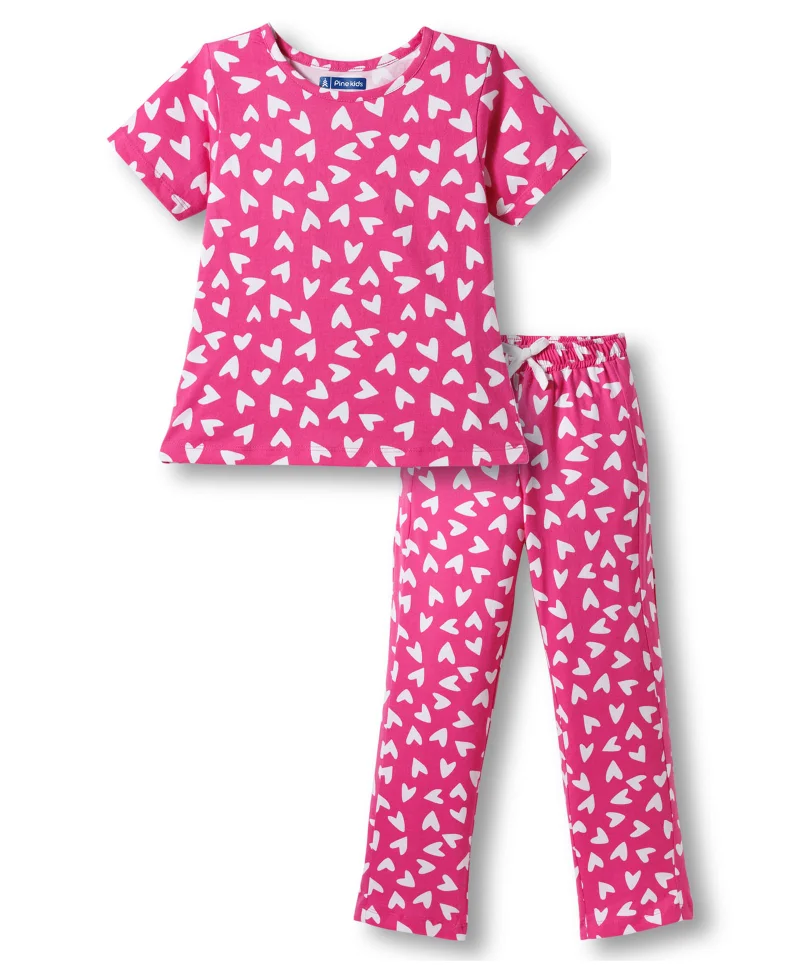 Pine Kids Pine Kids  Single Jersey Knit Half Sleeves Co-ords Night Suit with Heart Print - Pink
