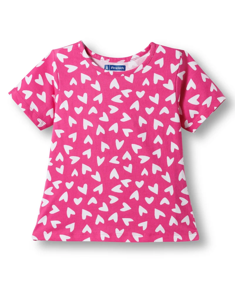 Pine Kids Pine Kids  Single Jersey Knit Half Sleeves Co-ords Night Suit with Heart Print - Pink