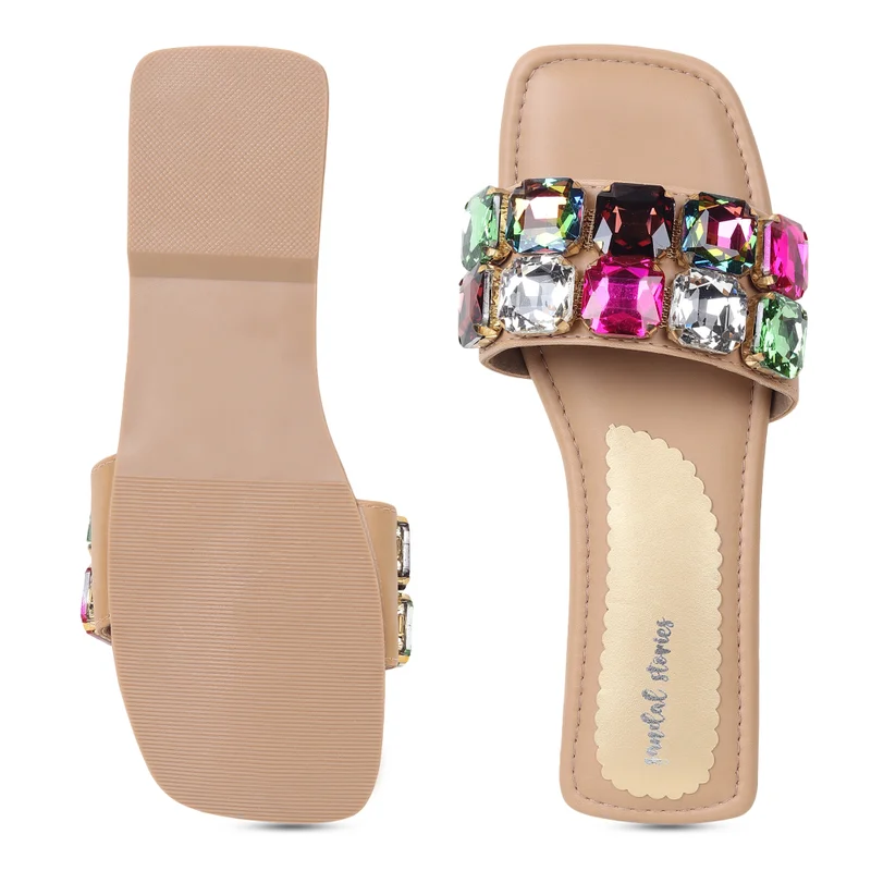 Sandal Stories Beige Gemstone Slide Sandals for Women